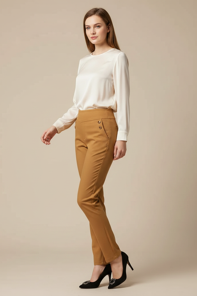 Pantalon Marron Slim Taille Haute Élégant Femme - Camel Polyester