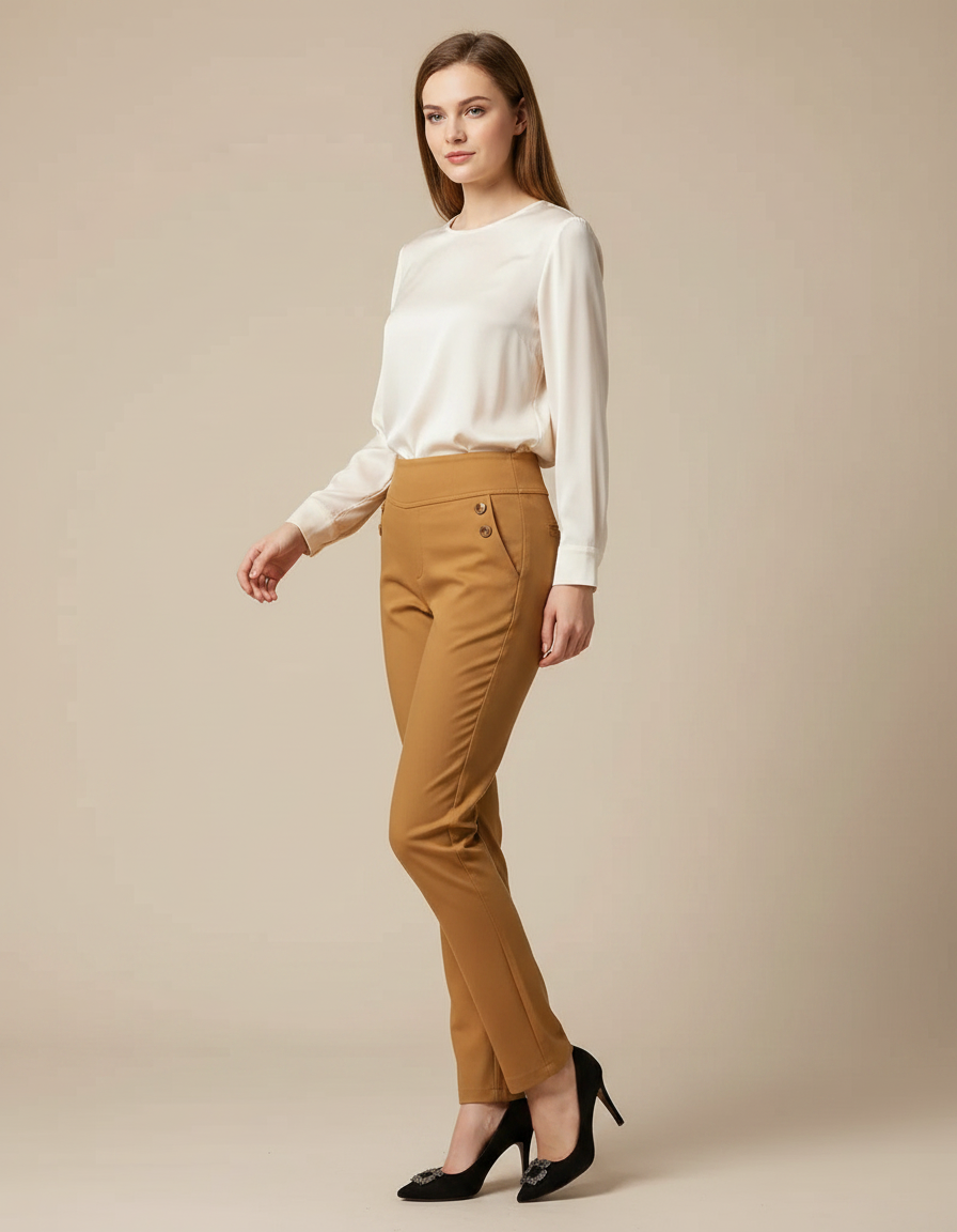 Pantalon Marron Slim Taille Haute Élégant Femme - Camel Polyester