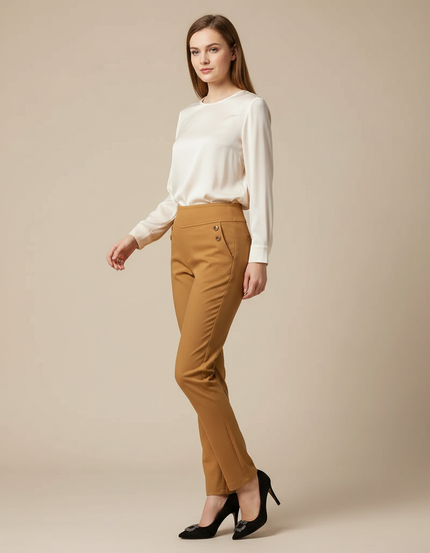 Pantalon Marron Slim Taille Haute Élégant Femme - Camel Polyester