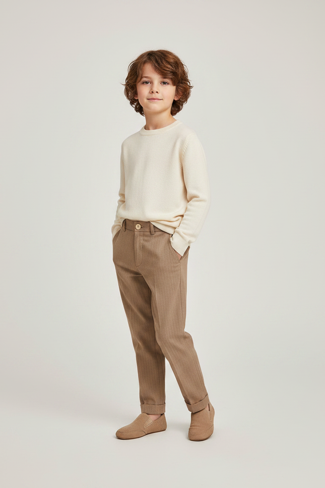 Pantalon Marron Garçon Décontracté Slim Hiver Élégant - Tweed