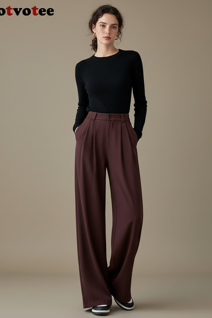 Pantalon Marron Élégant Ample Taille Haute Fluide - Bordeaux Viscose