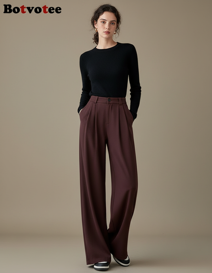 Pantalon Marron Élégant Ample Taille Haute Fluide - Bordeaux Viscose