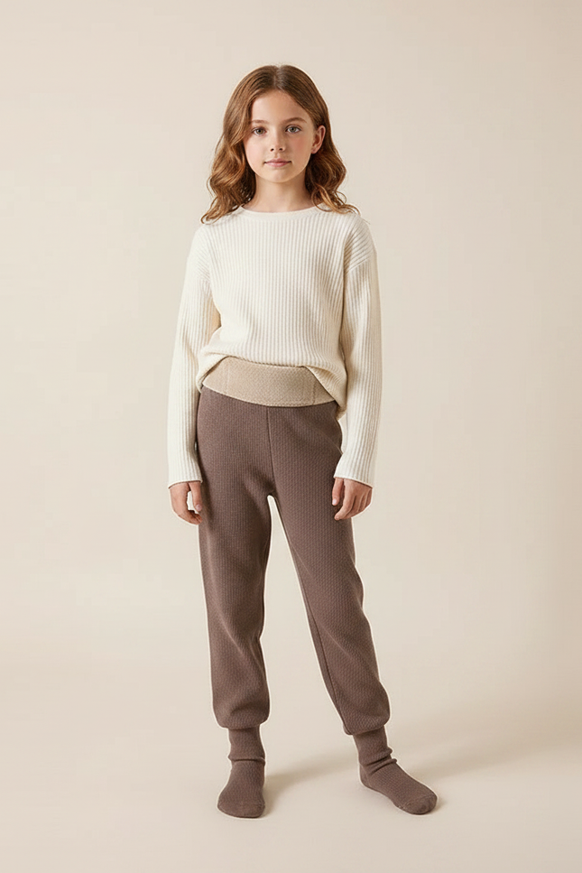 Pantalon Marron Tricoté Texturé Chaud Fille - Maille
