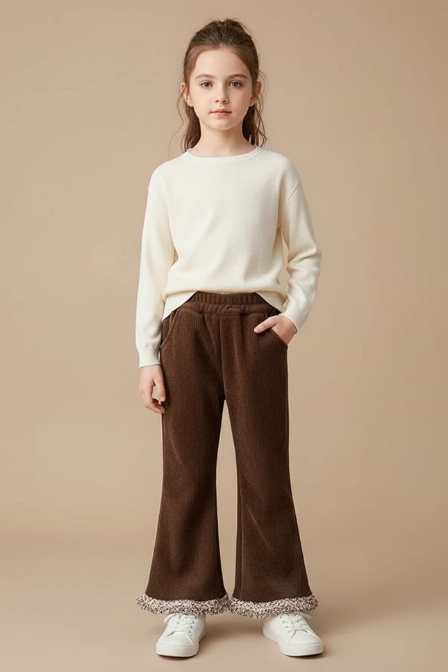 Pantalon Marron Côtelé Évasé Franges Enfant Confortable - Cordé