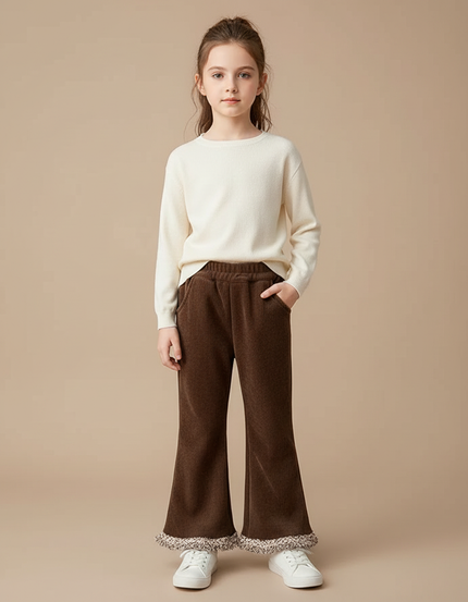 Pantalon Marron Côtelé Évasé Franges Enfant Confortable - Cordé