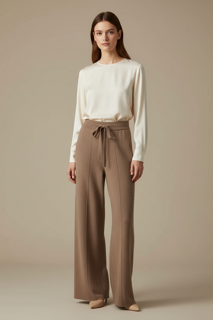 Pantalon Marron Tricoté Large Confortable Taille Haute - Maille