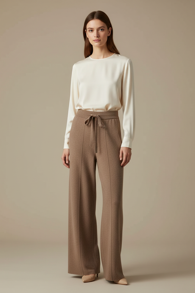 Pantalon Marron Tricoté Large Confortable Taille Haute - Maille