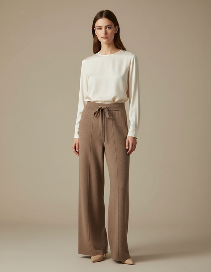 Pantalon Marron Tricoté Large Confortable Taille Haute - Maille
