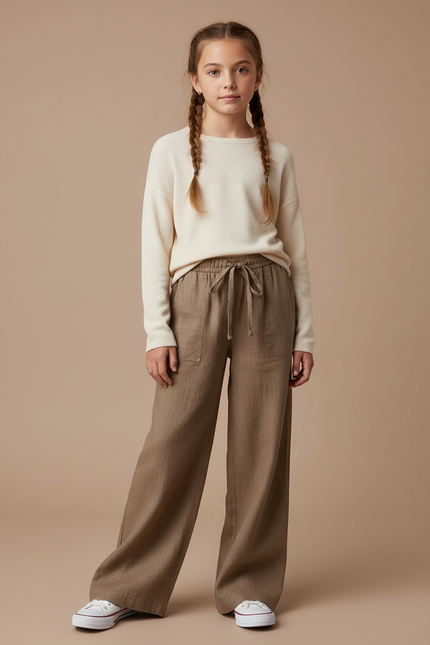 Pantalon Marron Ample Lin Cordon Décontracté Fille