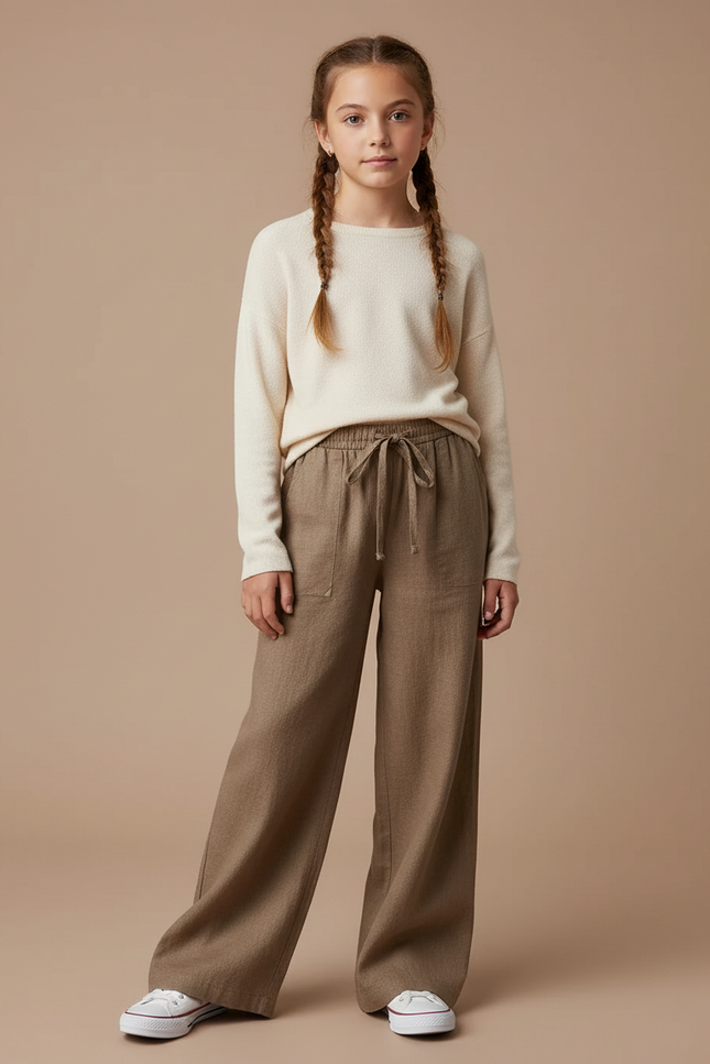 Pantalon Marron Ample Lin Cordon Décontracté Fille