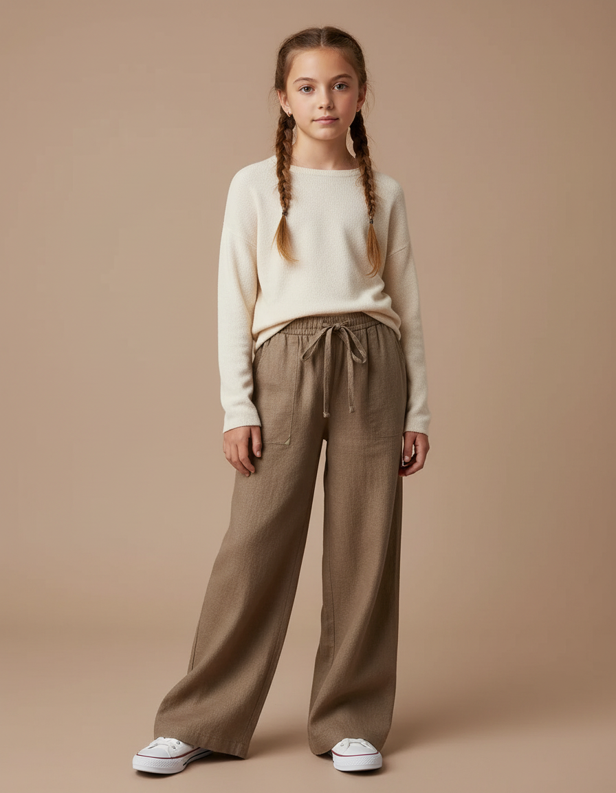 Pantalon Marron Ample Lin Cordon Décontracté Fille
