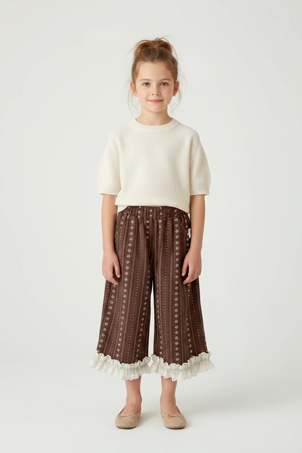 Pantalon Marron Imprimé Évasé Dentelle Fille - Coton