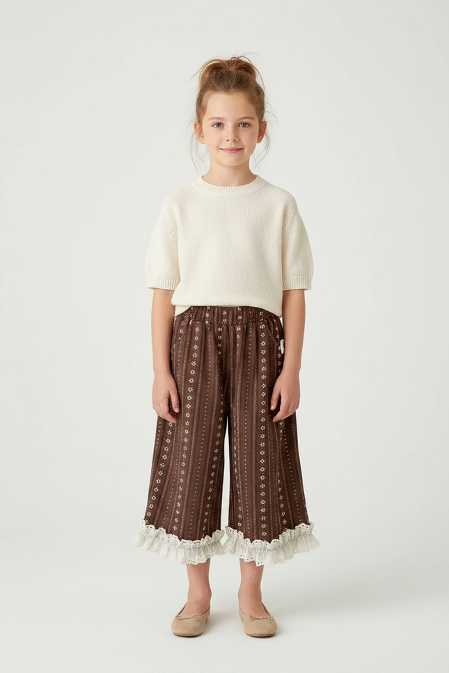 Pantalon Marron Imprimé Évasé Dentelle Fille - Coton
