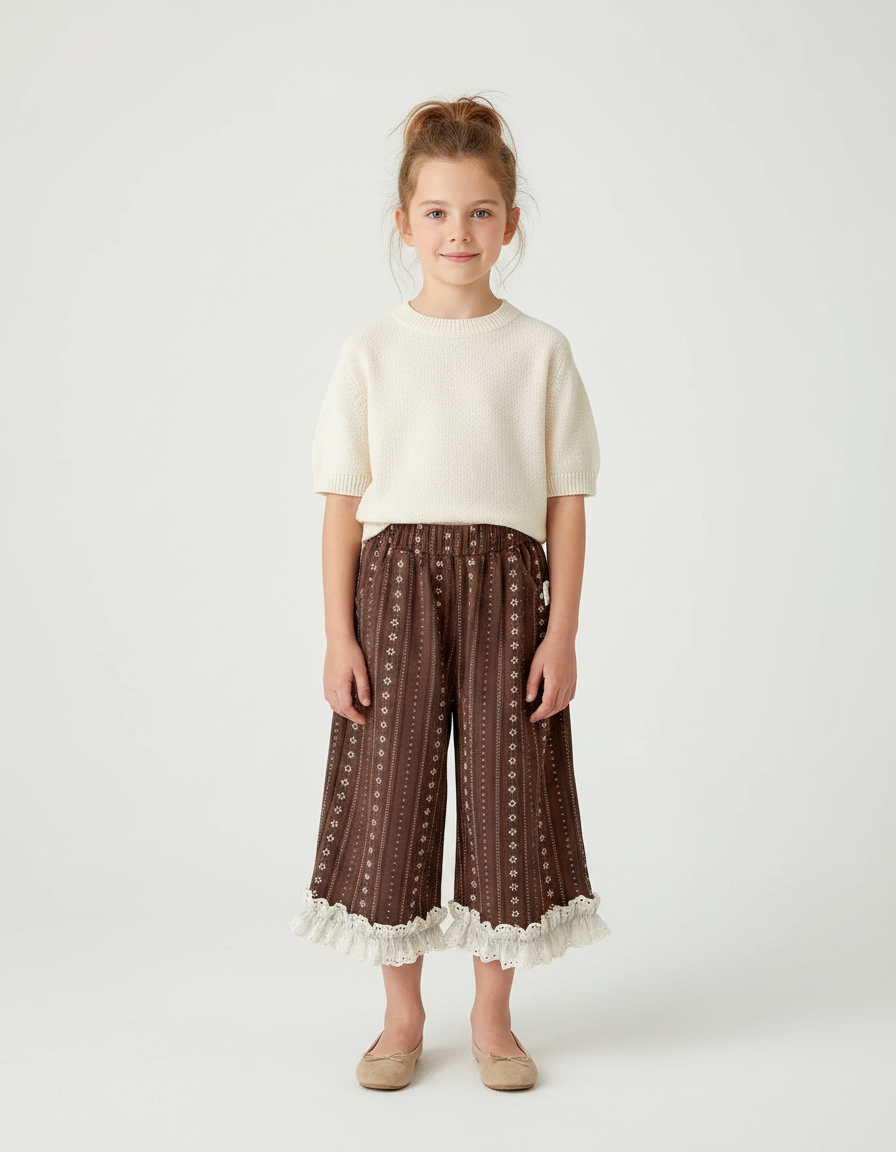 Pantalon Marron Imprimé Évasé Dentelle Fille - Coton