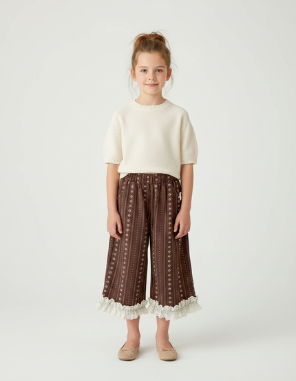 Pantalon Marron Imprimé Évasé Dentelle Fille - Coton