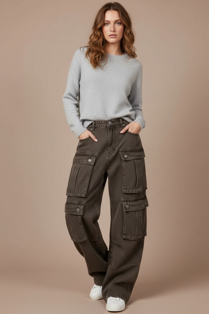 Pantalon Marron Cargo Vintage Délavé Ample Multi-Poches - Kaki Jean