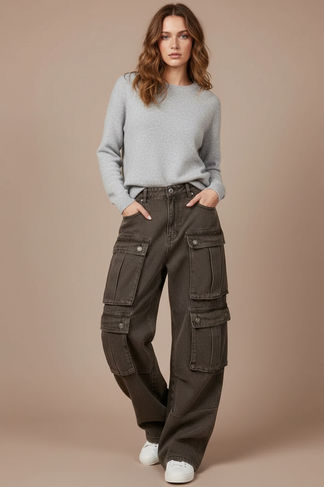 Pantalon Marron Cargo Vintage Délavé Ample Multi-Poches - Kaki Jean