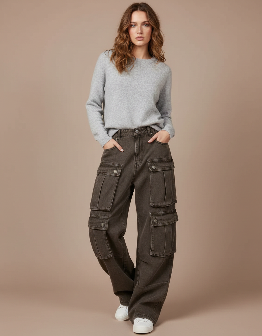 Pantalon Marron Cargo Vintage Délavé Ample Multi-Poches - Kaki Jean