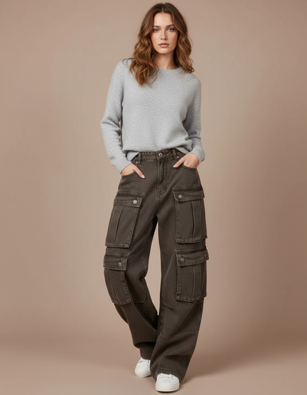 Pantalon Marron Cargo Vintage Délavé Ample Multi-Poches - Kaki Jean