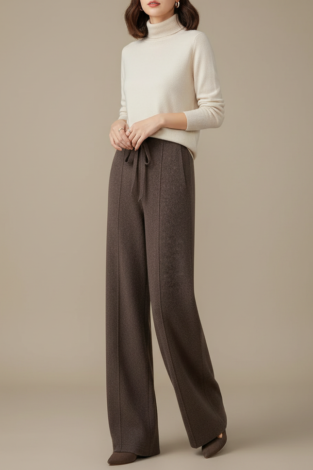 Pantalon Marron Tricoté Ample Droit Doux Chaud - Maille