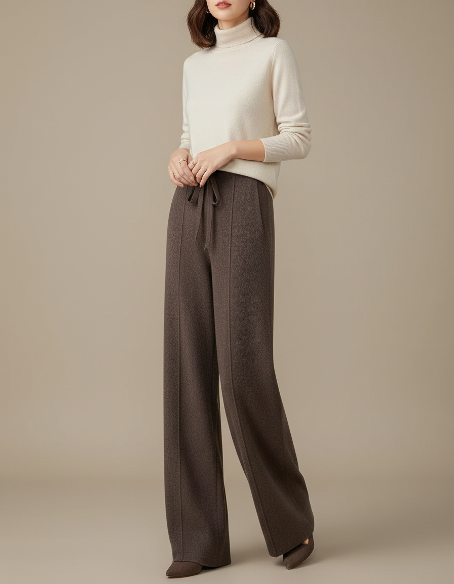 Pantalon Marron Tricoté Ample Droit Doux Chaud - Maille