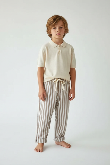 Pantalon Marron Rayé Lin Coton Ample Enfant