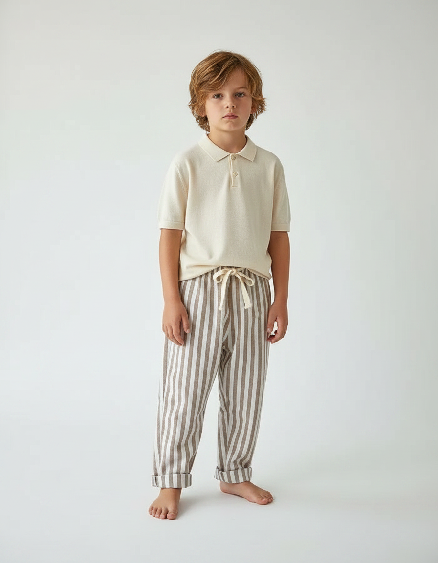 Pantalon Marron Rayé Lin Coton Ample Enfant