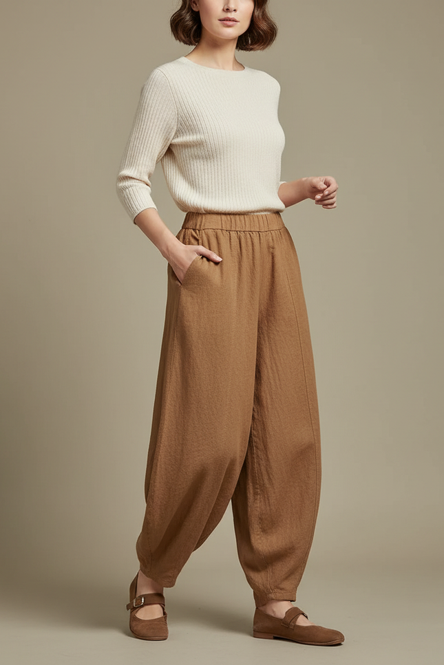 Pantalon Marron Ample Lin Coton Taille Élastique