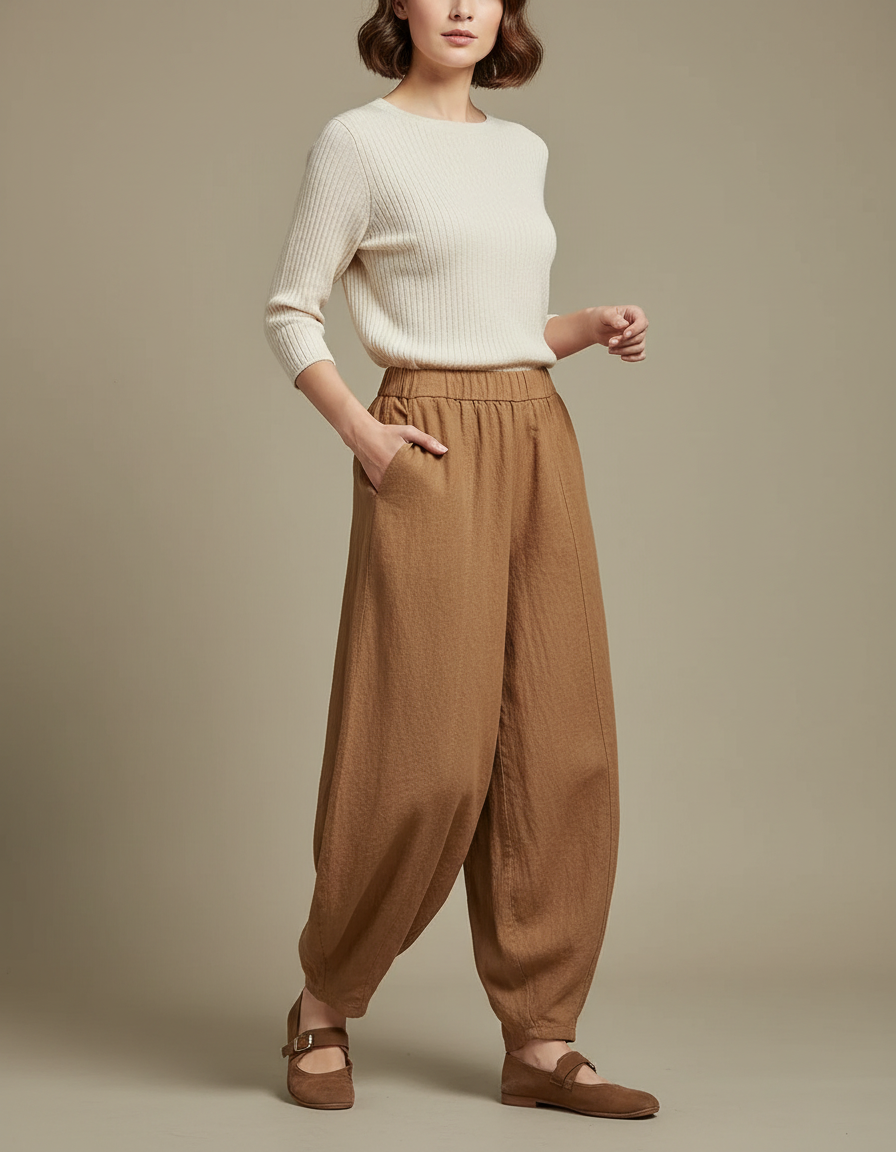 Pantalon Marron Ample Lin Coton Taille Élastique