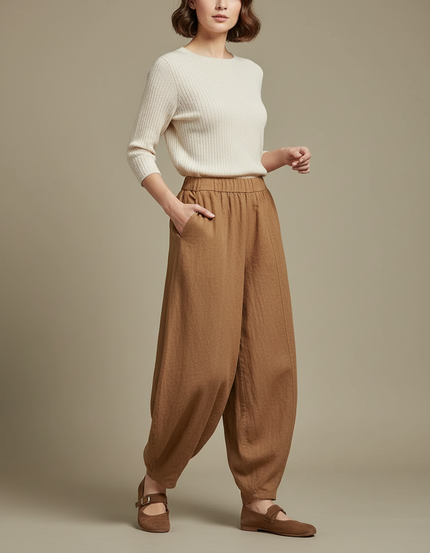 Pantalon Marron Ample Lin Coton Taille Élastique