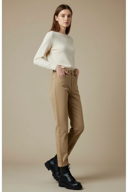Pantalon Marron Coupe Droite Taille Haute Décontracté - Camel Gabardine