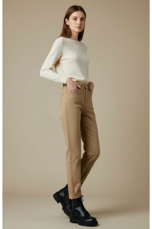 Pantalon Marron Coupe Droite Taille Haute Décontracté - Camel Gabardine