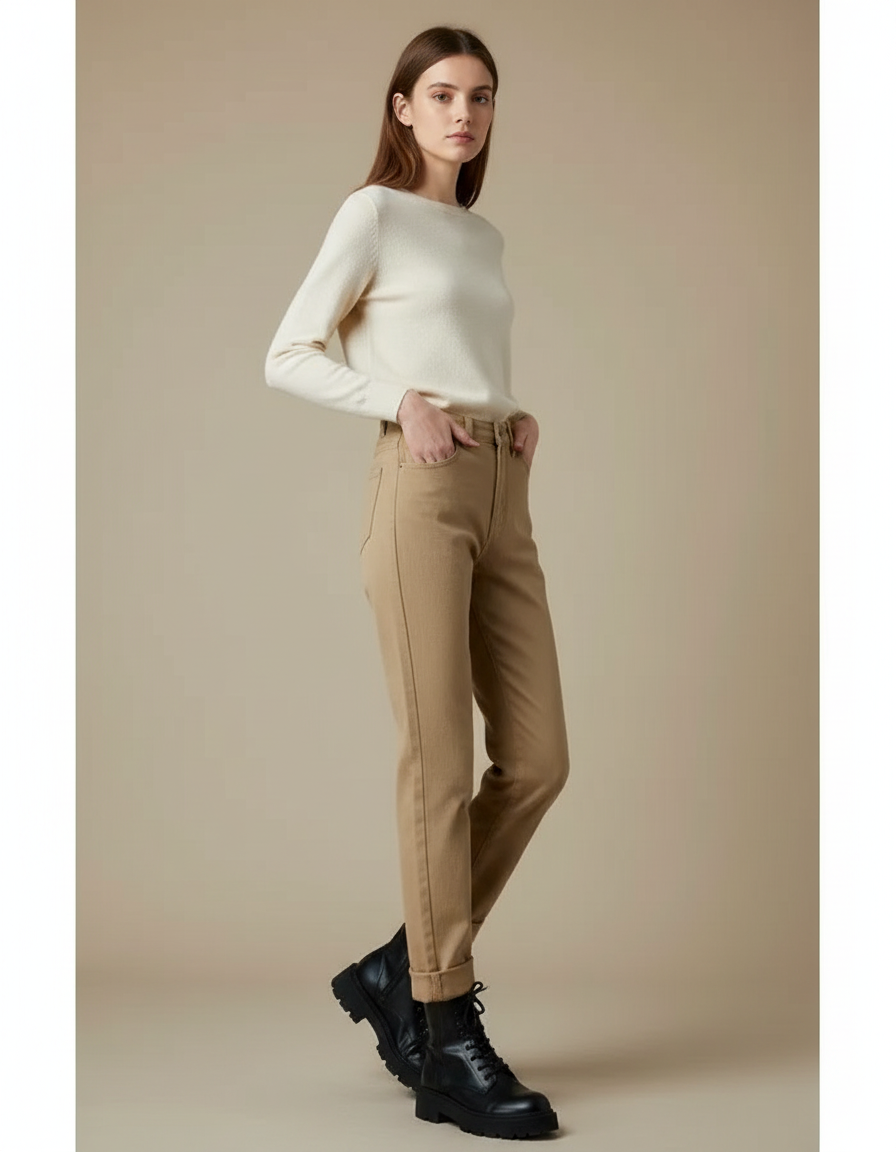 Pantalon Marron Coupe Droite Taille Haute Décontracté - Camel Gabardine