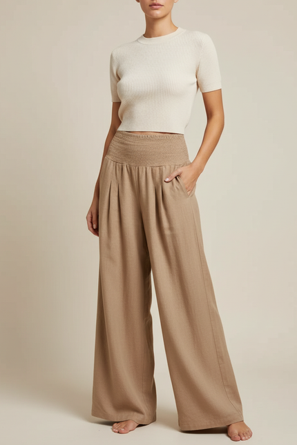 Pantalon Marron Ample Plissé Fluide Décontracté Femme - Camel Lin