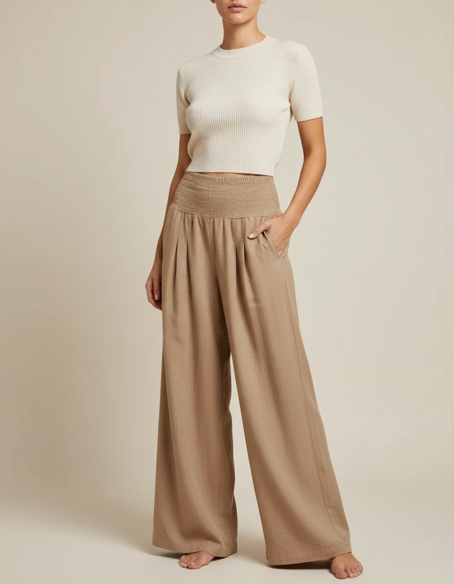 Pantalon Marron Ample Plissé Fluide Décontracté Femme - Camel Lin