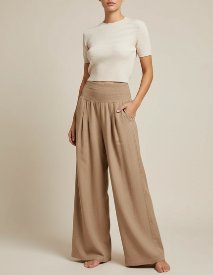 Pantalon Marron Ample Plissé Fluide Décontracté Femme - Camel Lin