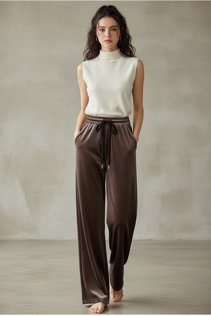 Pantalon Marron Velours Ample Élégant Décontracté Femme