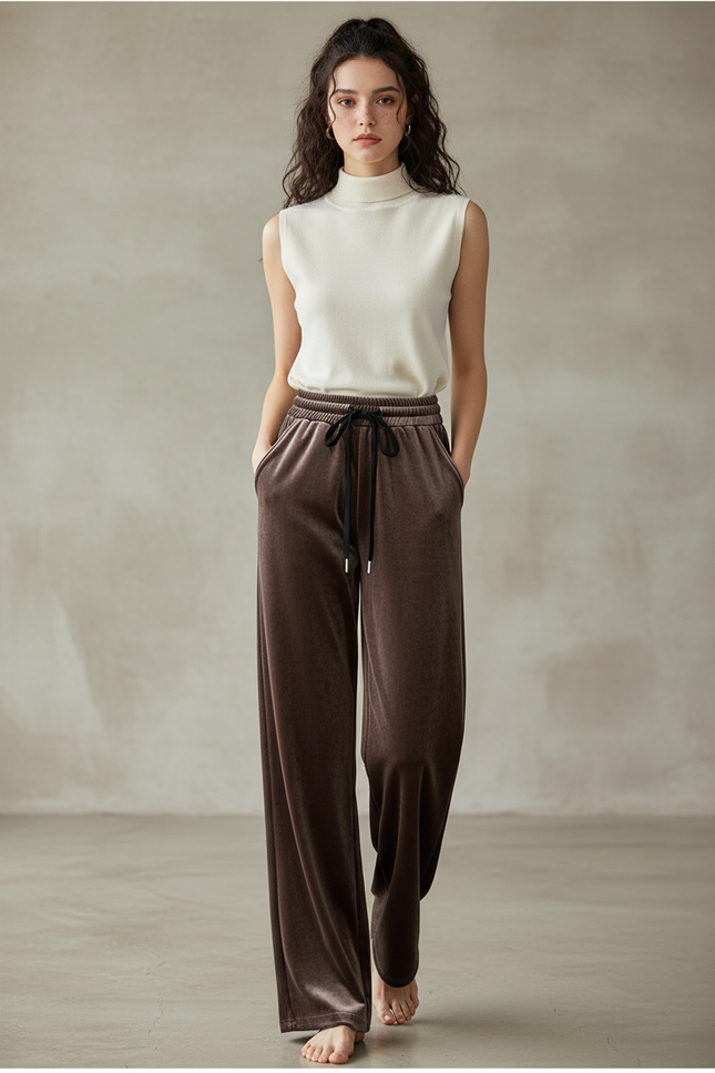 Pantalon Marron Velours Ample Élégant Décontracté Femme