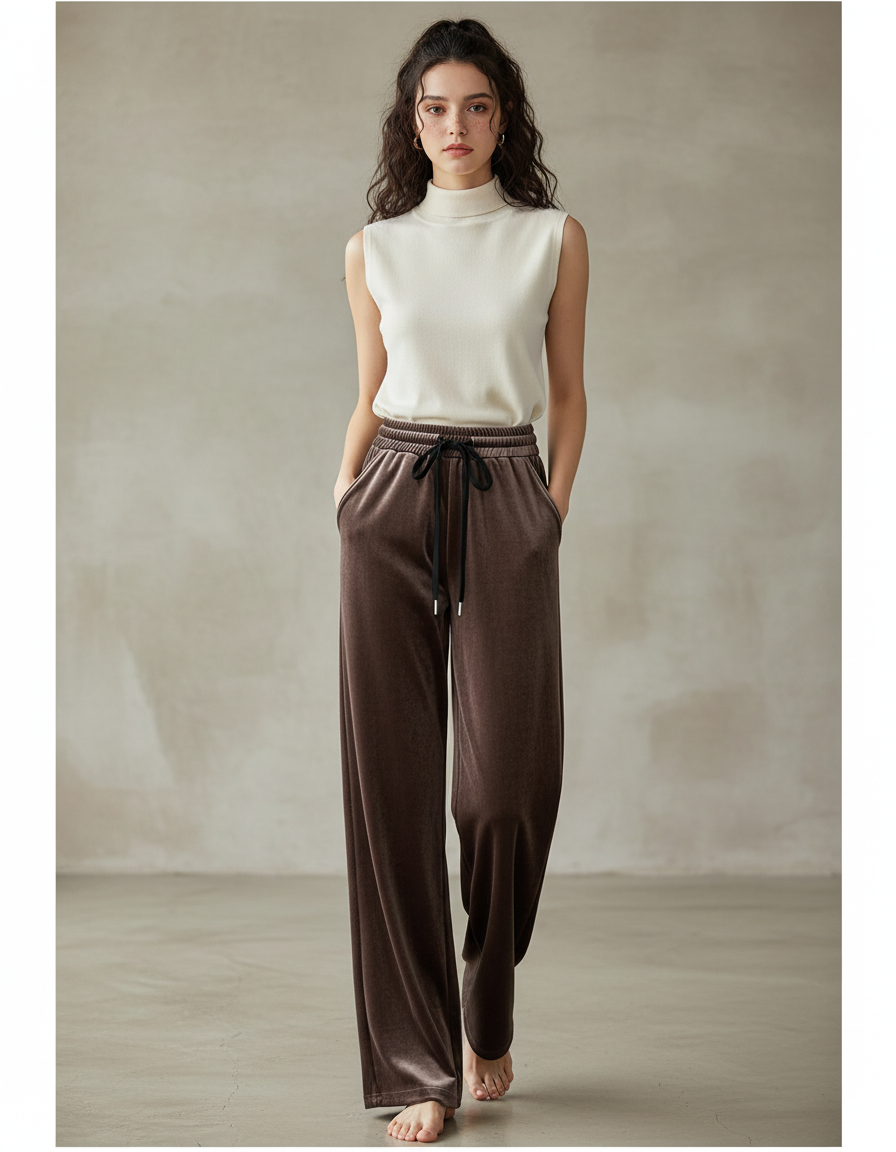 Pantalon Marron Velours Ample Élégant Décontracté Femme