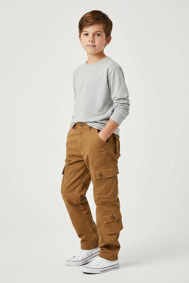 Pantalon Marron Cargo Coton Ample Multi-Poches Garçon