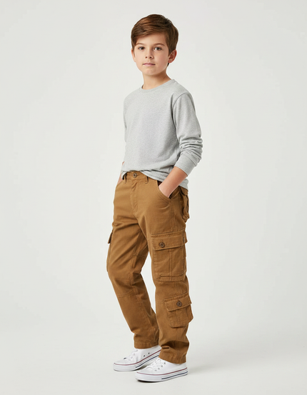 Pantalon Marron Cargo Coton Ample Multi-Poches Garçon