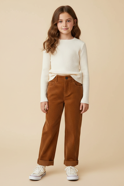Pantalon Marron Côtelé Ample Droit Enfant Coréen - Cordé