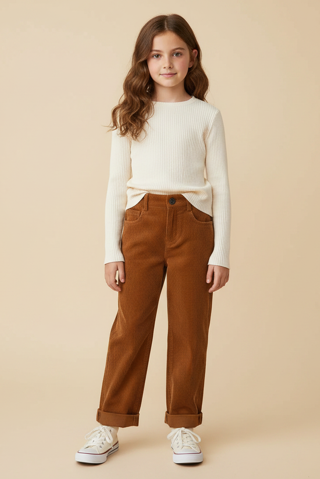 Pantalon Marron Côtelé Ample Droit Enfant Coréen - Cordé