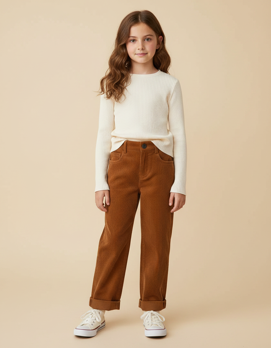 Pantalon Marron Côtelé Ample Droit Enfant Coréen - Cordé