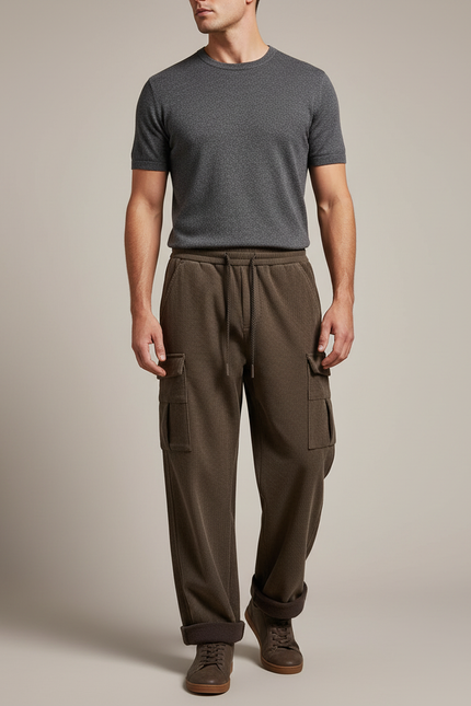 Pantalon Marron Côtelé Ample Épais Cargo Homme - Cordé