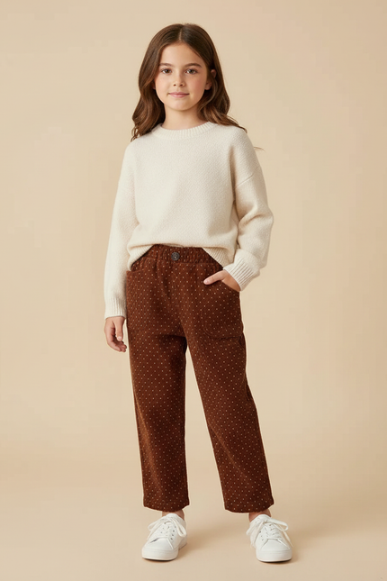 Pantalon Marron Côtelé Ample À Pois Enfant Fille - Cordé