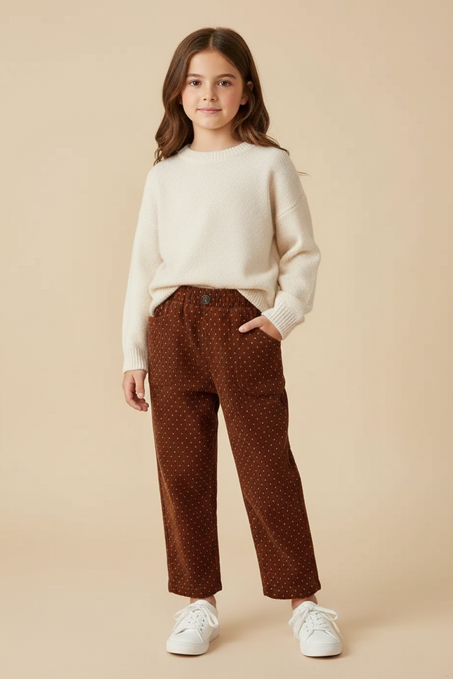 Pantalon Marron Côtelé Ample À Pois Enfant Fille - Cordé