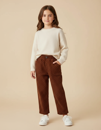 Pantalon Marron Côtelé Ample À Pois Enfant Fille - Cordé