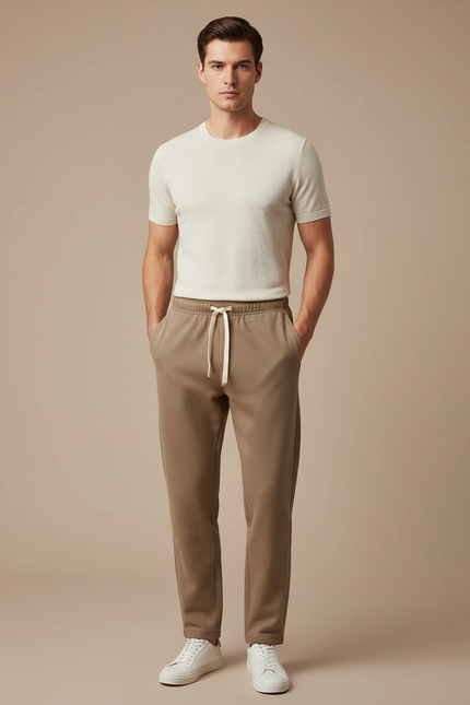 Pantalon Marron Ample Cordon Décontracté Molletonné - Camel