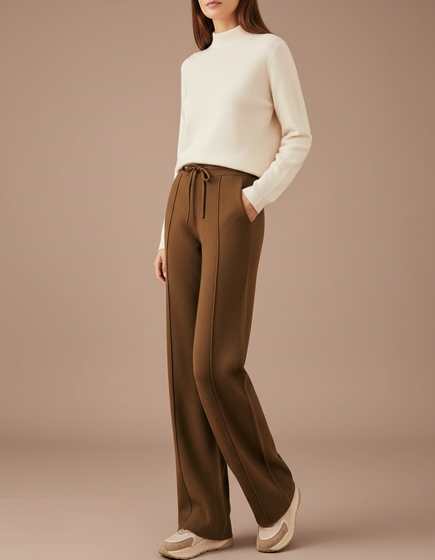 Pantalon Marron Ample Taille Haute Décontracté Confortable - Maille